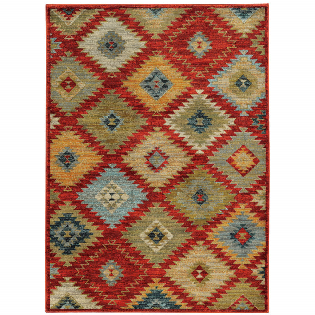 4' X 6' Red Green Gold Blue Teal And Ivory Geometric Power Loom Stain Resistant Area Rug