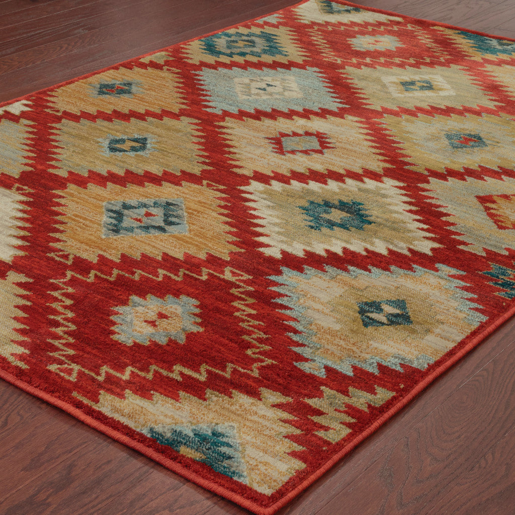 10' X 13' Red Green Gold Blue Teal And Ivory Geometric Power Loom Stain Resistant Area Rug