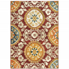 5' X 8' Red Gold Teal Grey Ivory And Blue Oriental Power Loom Stain Resistant Area Rug