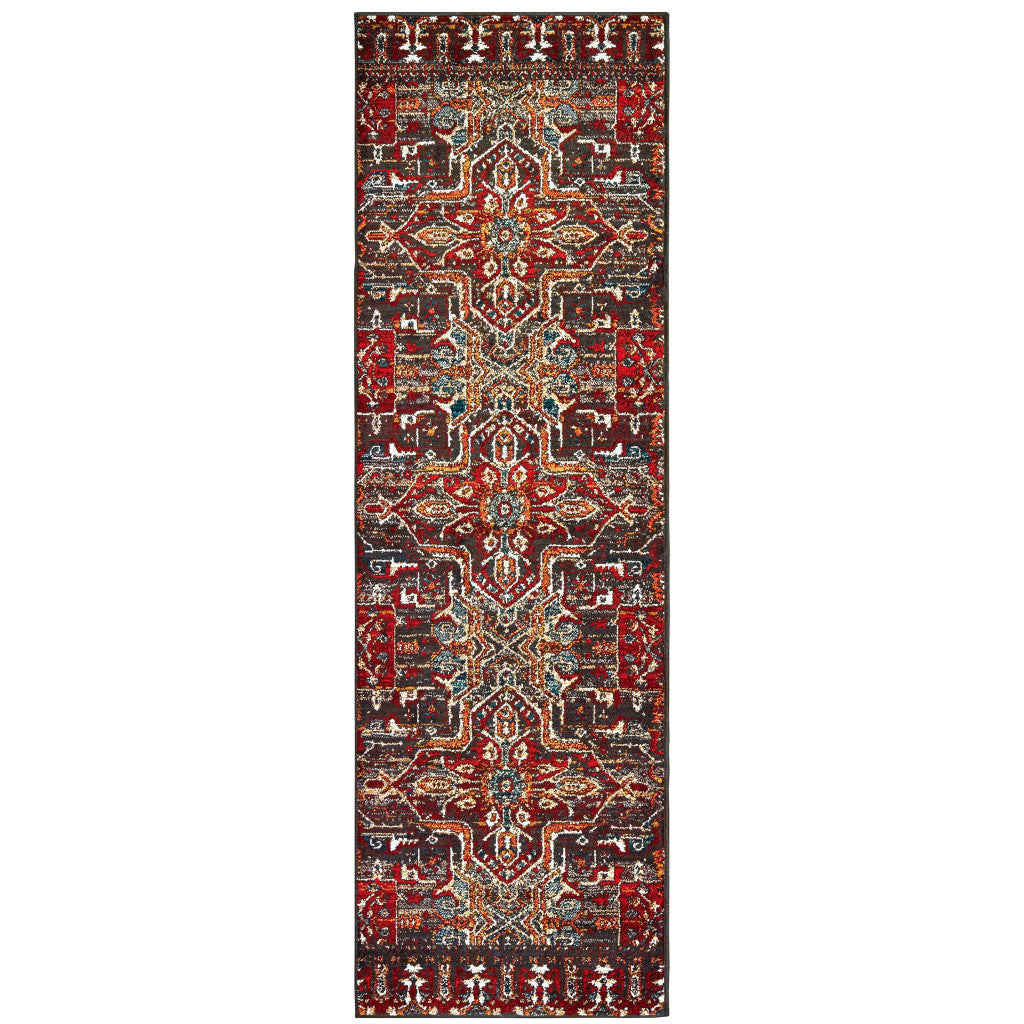 2' X 8' Red Orange Blue And Grey Southwestern Power Loom Stain Resistant Runner Rug
