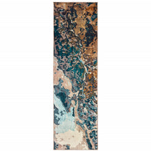 2' X 8' Blue Gold And Grey Abstract Power Loom Stain Resistant Runner Rug