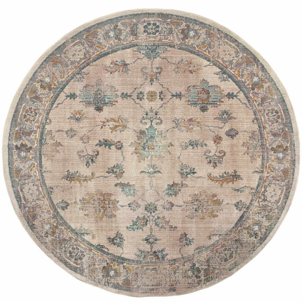 8' Ivory Blue Gold And Grey Round Oriental Power Loom Stain Resistant Area Rug