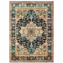5' X 8' Blue Gold Grey Orange Ivory And Teal Oriental Power Loom Stain Resistant Area Rug