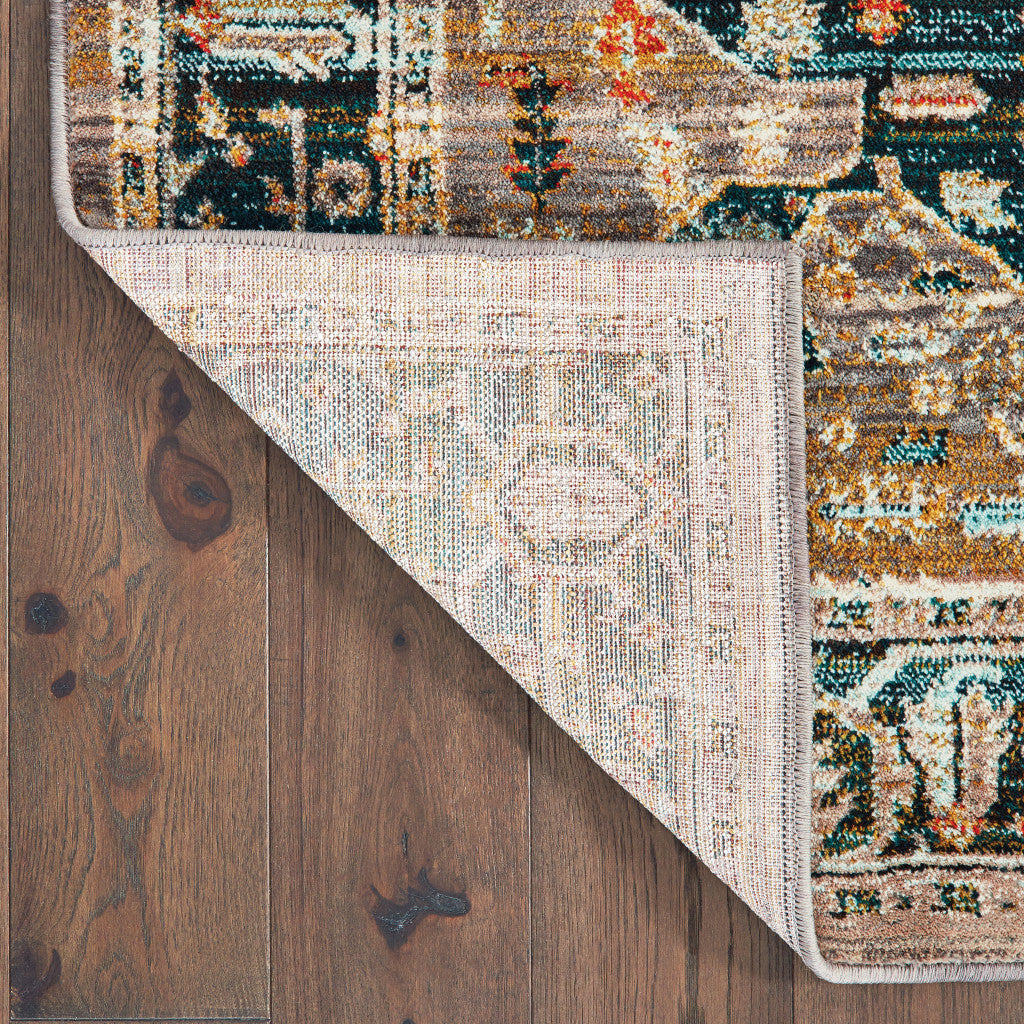 5' X 8' Blue Gold Grey Orange Ivory And Teal Oriental Power Loom Stain Resistant Area Rug