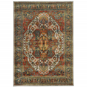 5' X 8' Red Gold Orange Green Ivory Rust And Blue Oriental Power Loom Stain Resistant Area Rug