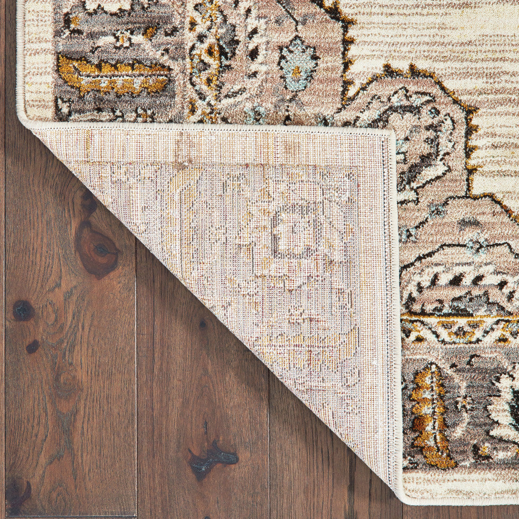 6' X 9' Ivory Gold Grey And Blue Oriental Power Loom Stain Resistant Area Rug