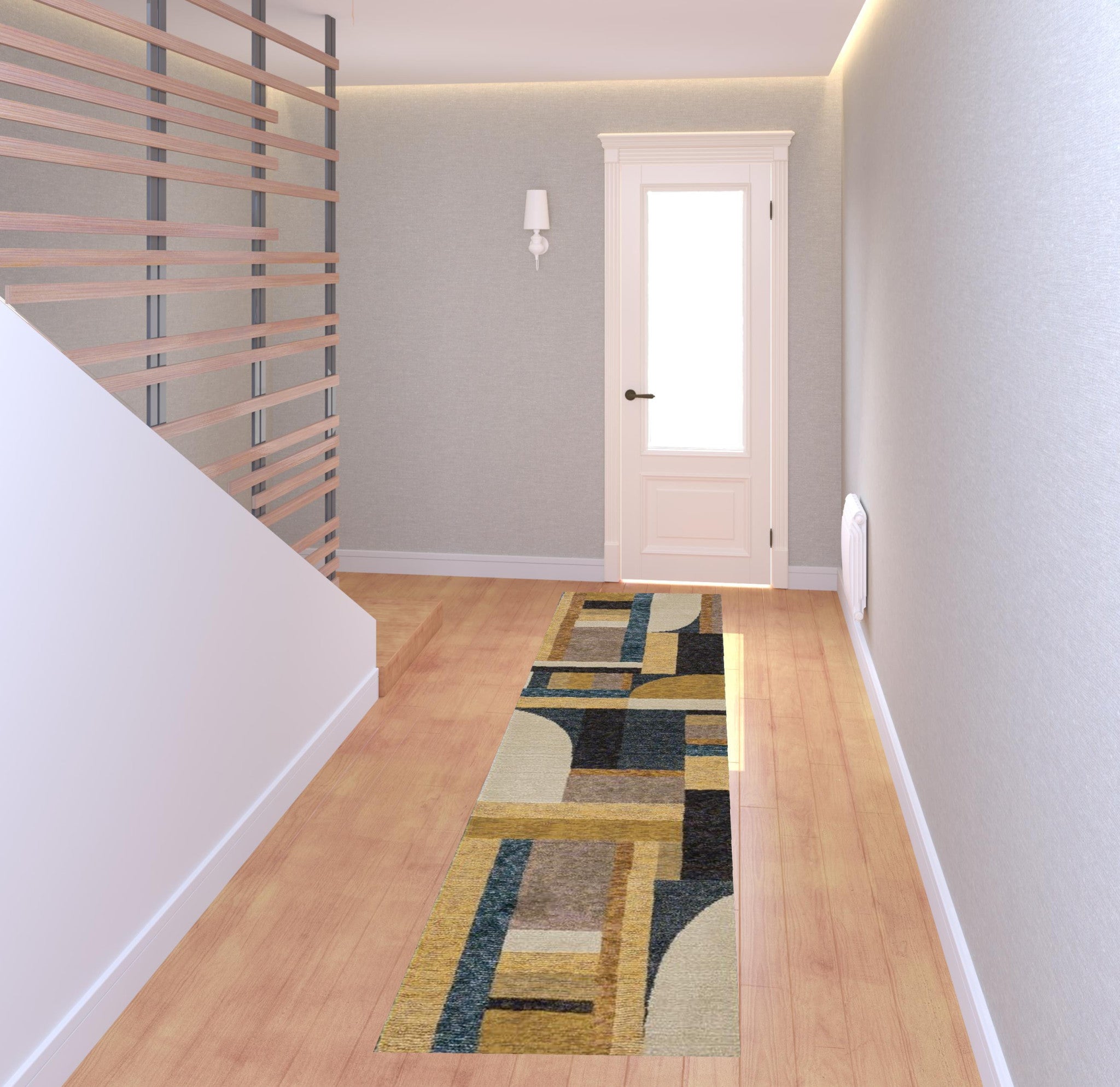 2' X 8' Gold Blue Beige Purple And Teal Geometric Power Loom Stain Resistant Runner Rug