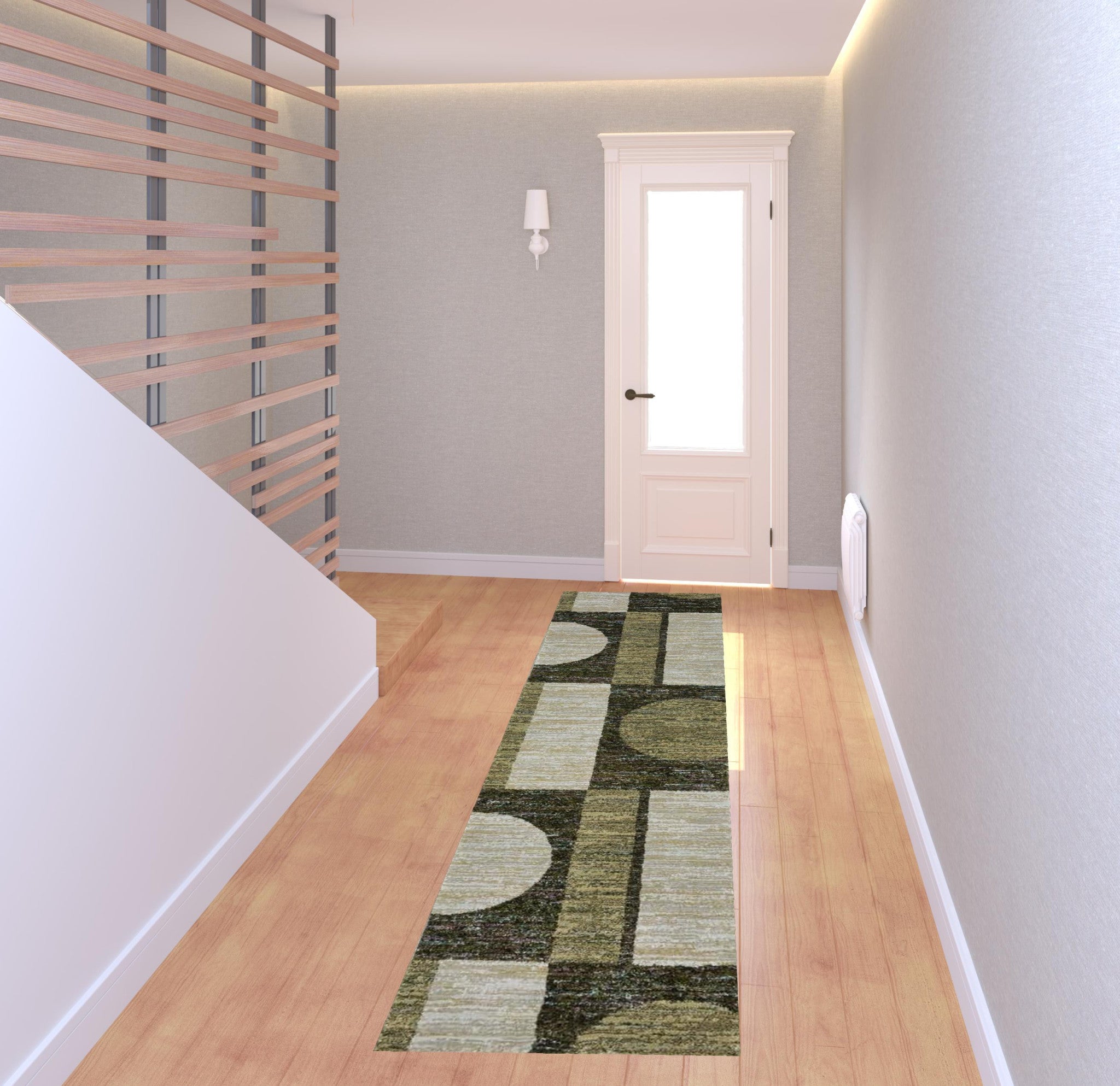 2' X 8' Gold Green Charcoal Teal Blue Purple Grey And Beige Geometric Power Loom Stain Resistant Runner Rug