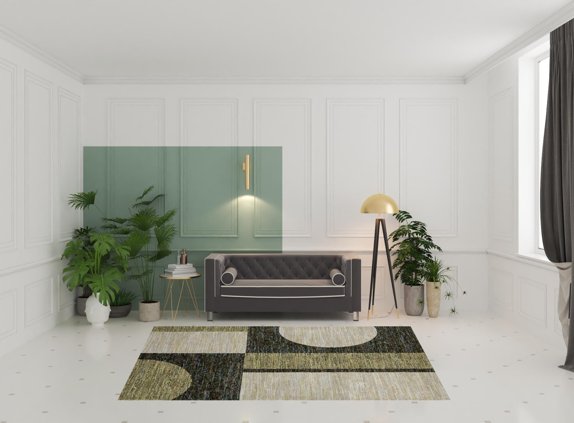 6' X 9' Gold Green Charcoal Teal Blue Purple Grey And Beige Geometric Power Loom Stain Resistant Area Rug