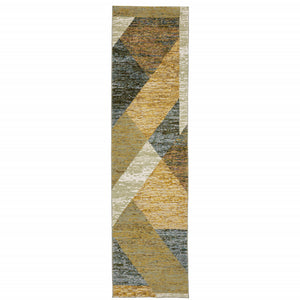 2' X 8' Gold Blue Green Rust Beige Purple And Teal Geometric Power Loom Stain Resistant Runner Rug