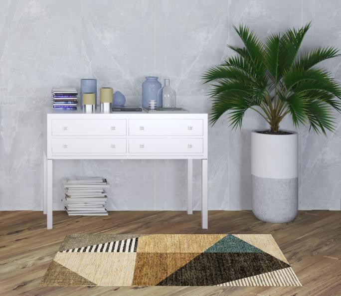 3' X 5' Gold Brown Blue Charcoal Rust And Beige Geometric Power Loom Stain Resistant Area Rug