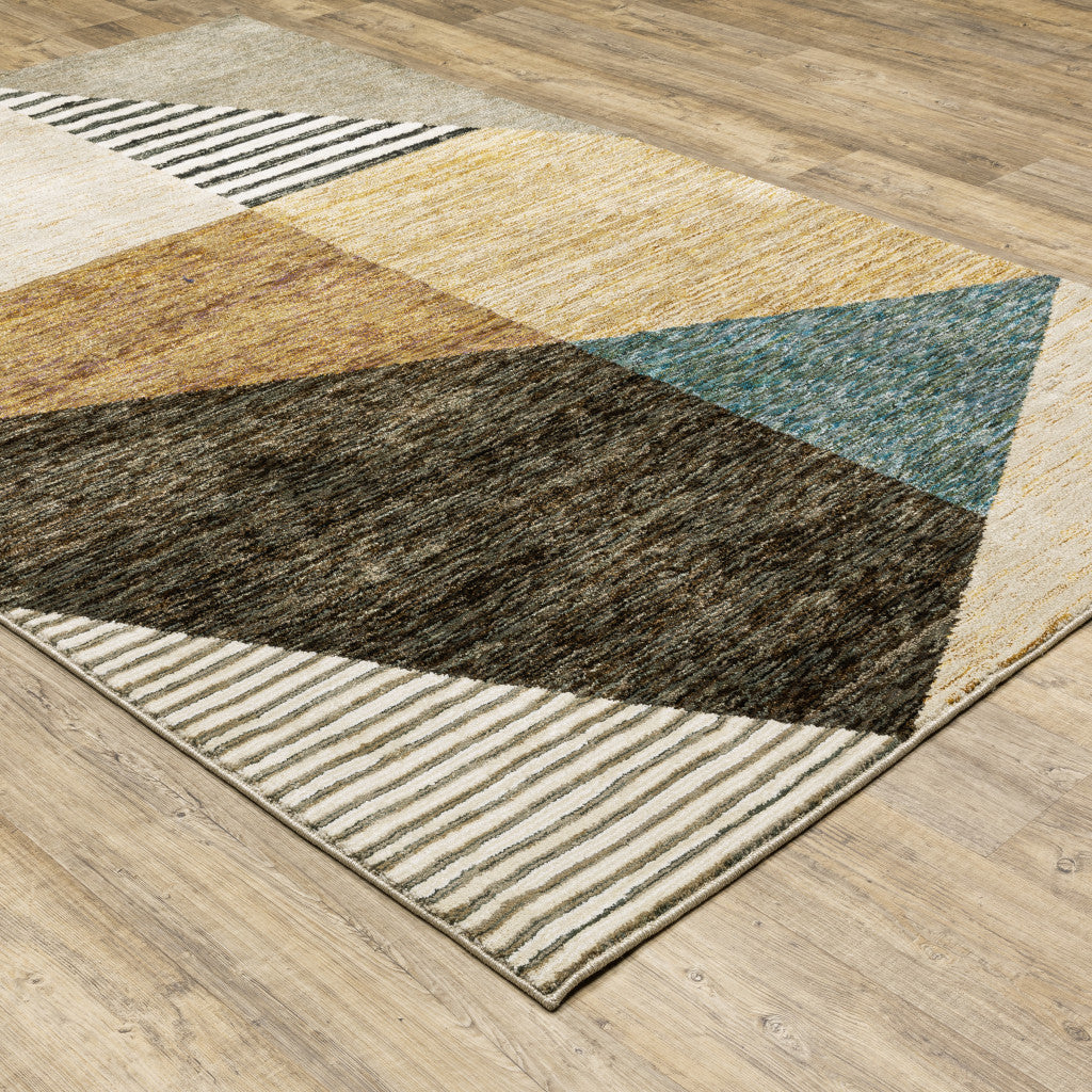 6' X 9' Gold Brown Blue Charcoal Rust And Beige Geometric Power Loom Stain Resistant Area Rug