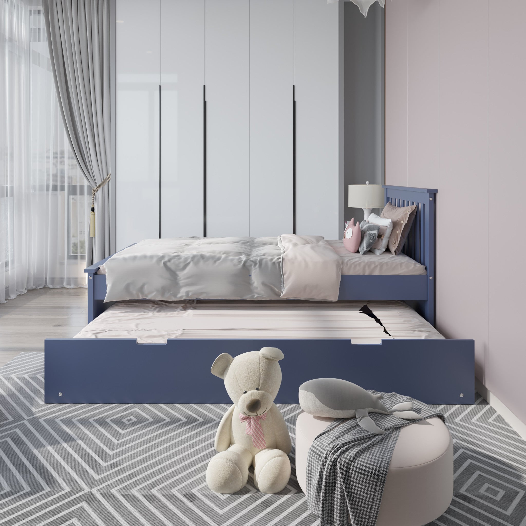 Blue Solid Wood Twin Bed With Pull Out Trundle