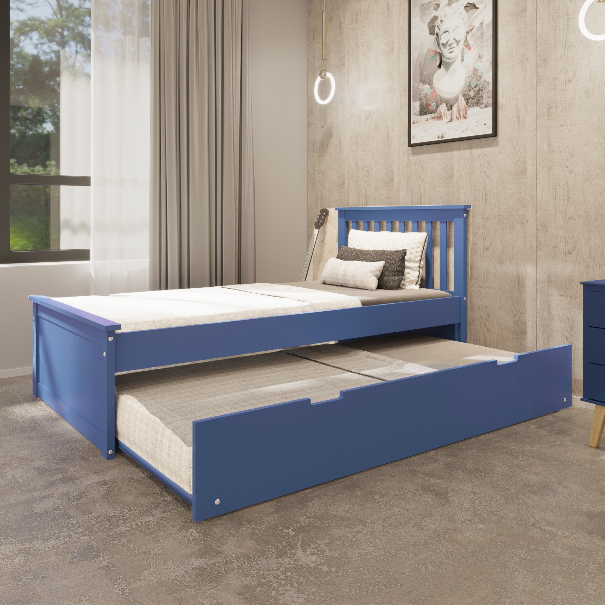 Blue Solid Wood Twin Bed With Pull Out Trundle