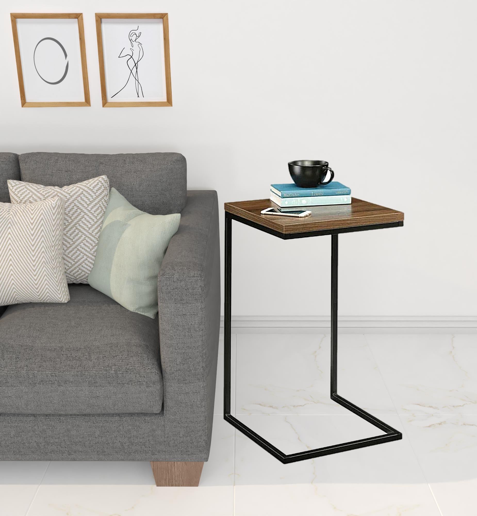 26" Black And Walnut C Shape End Table