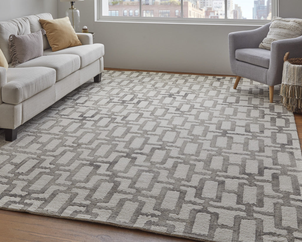 4' X 6' Ivory And Taupe Wool Geometric Tufted Handmade Area Rug