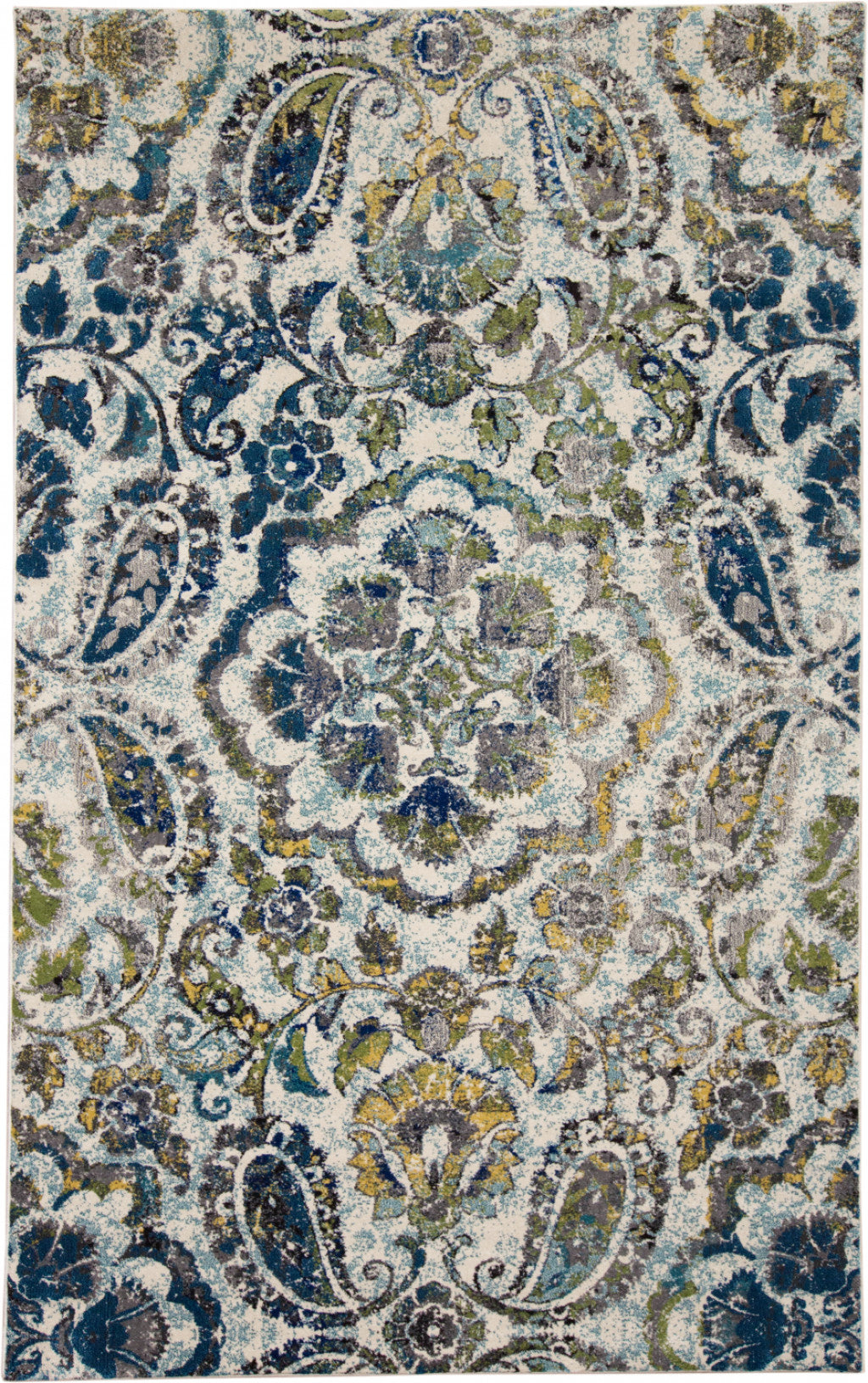 4' X 6' Ivory Blue And Green Floral Stain Resistant Area Rug