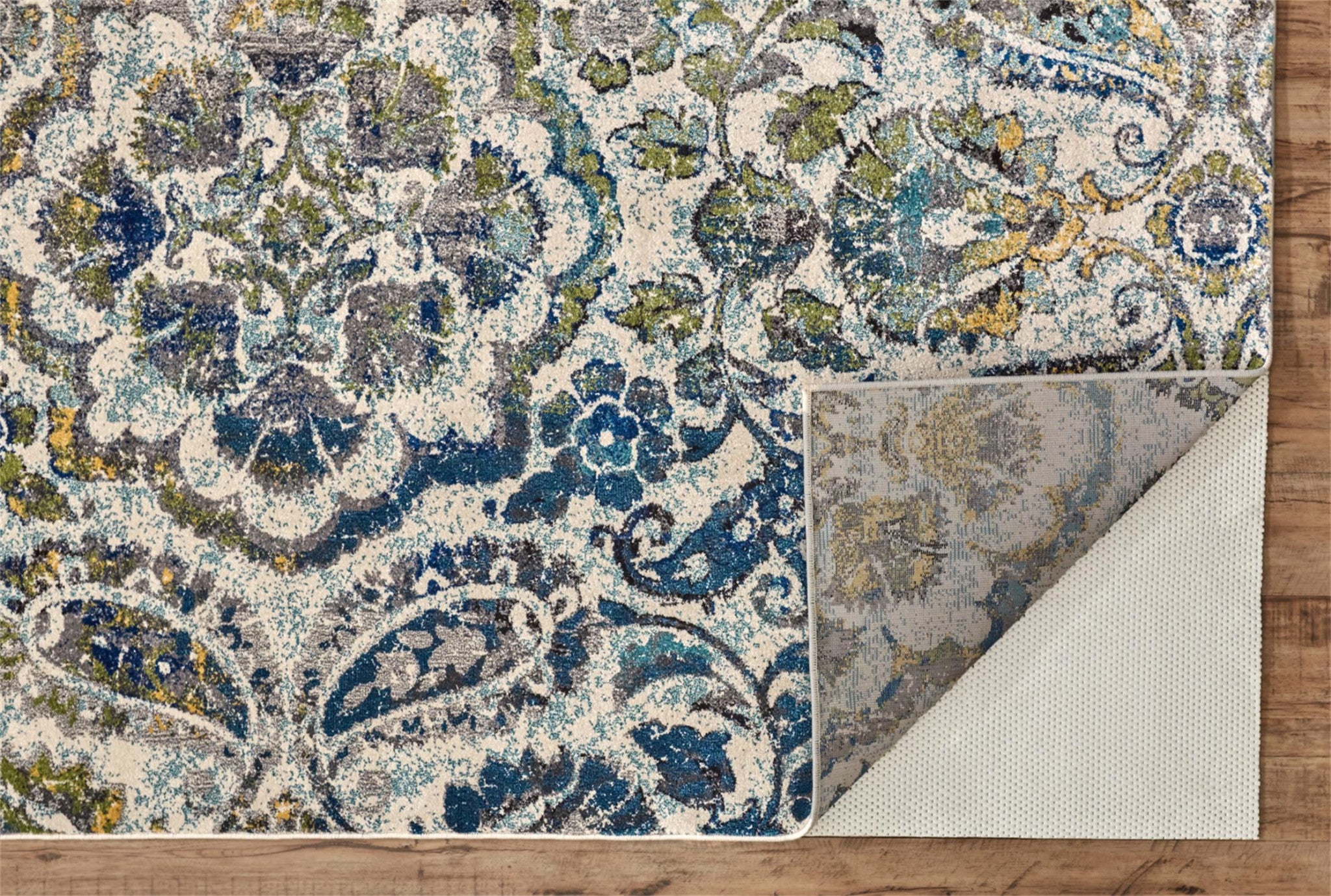 4' X 6' Ivory Blue And Green Floral Stain Resistant Area Rug