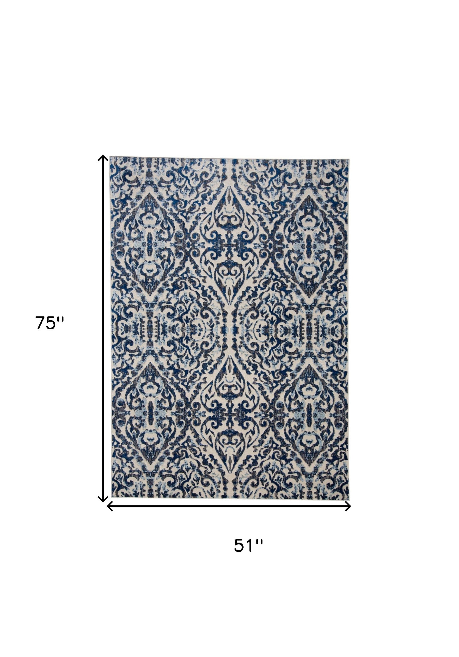Blue Ivory And Black Floral Distressed Stain Resistant Area Rug - 2' X 4'