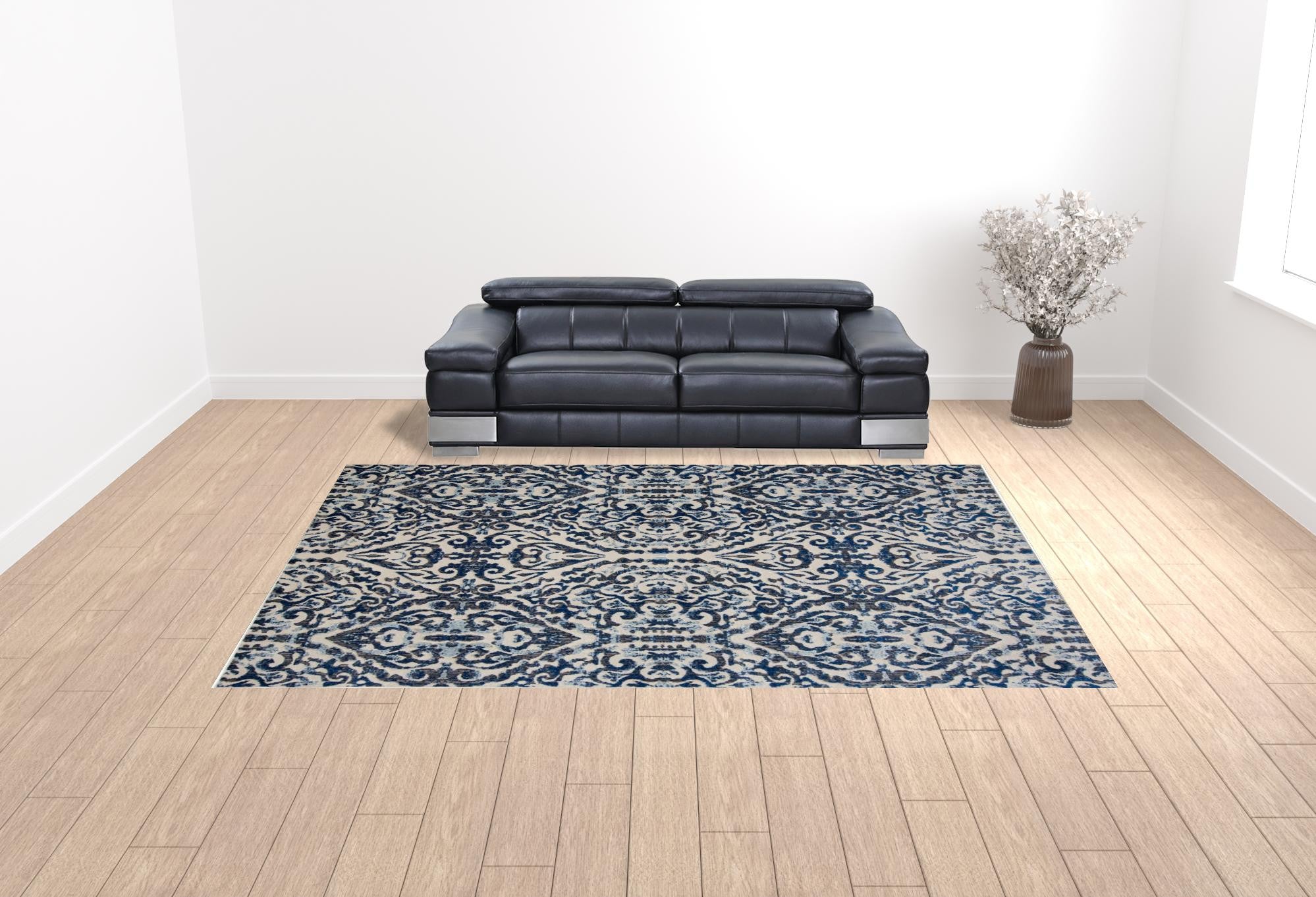 Blue Ivory And Black Floral Distressed Stain Resistant Area Rug - 2' X 4'