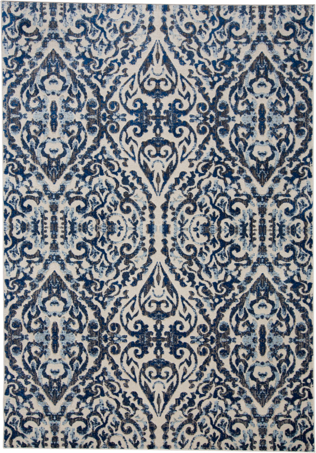 Blue Ivory And Black Floral Distressed Stain Resistant Area Rug - 2' X 4'