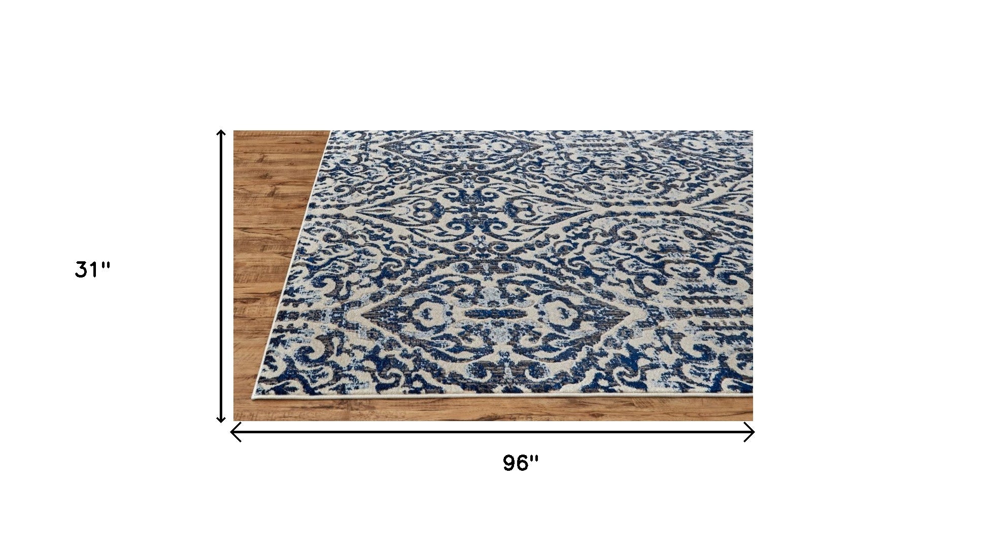 Blue Ivory And Black Floral Distressed Stain Resistant Area Rug - 2' X 4'