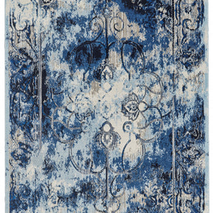 2' X 4' Blue Ivory And Gray Floral Distressed Stain Resistant Area Rug