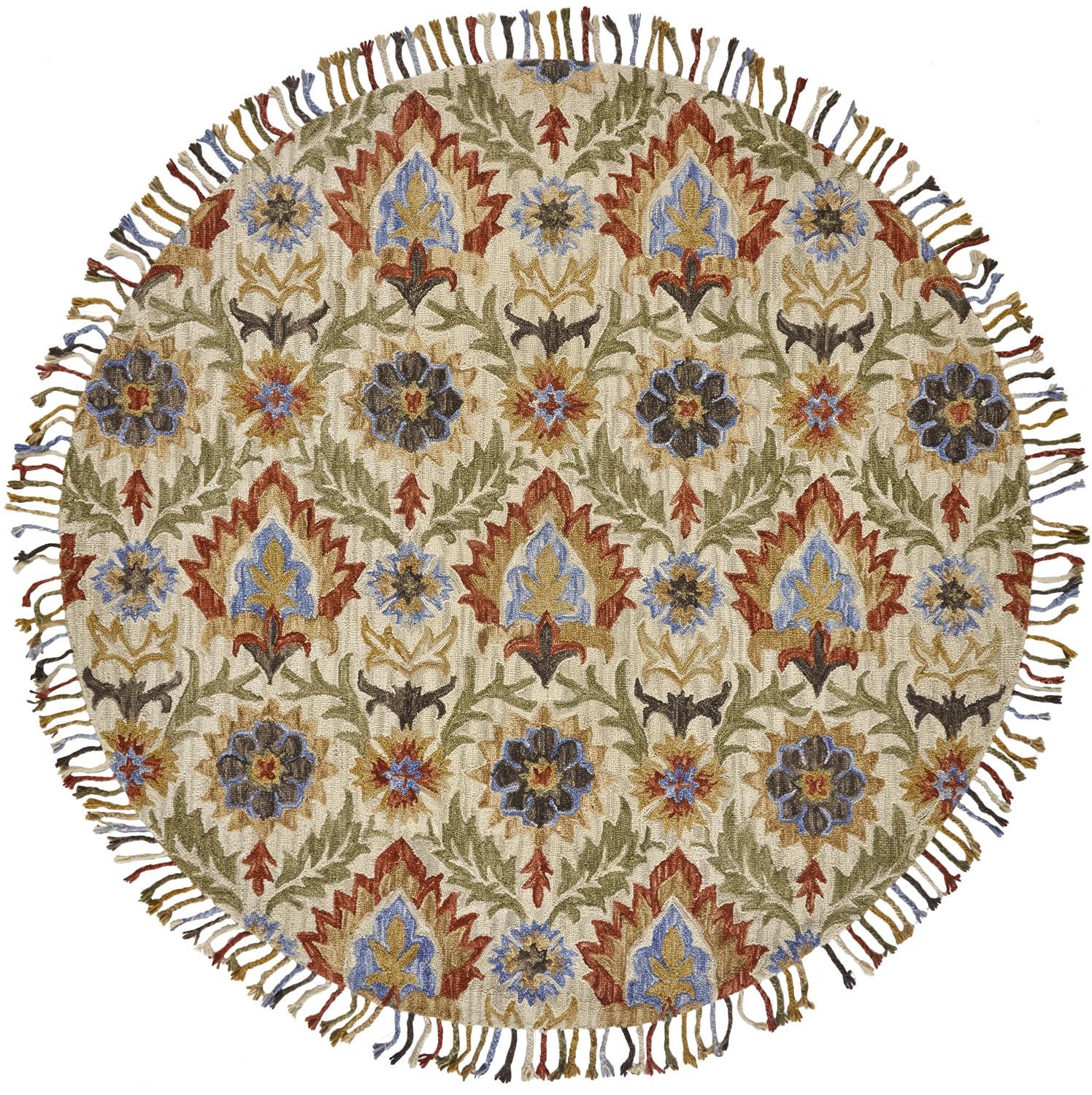 Ivory Green And Orange Round Wool Paisley Tufted Handmade Stain Resistant Area Rug With Fringe 8'