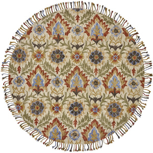 Ivory Green And Orange Round Wool Paisley Tufted Handmade Stain Resistant Area Rug With Fringe 8'