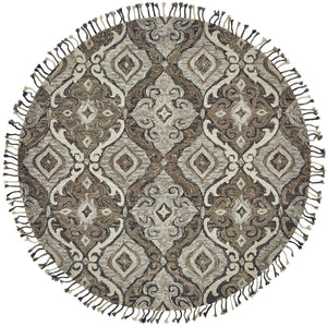 8' Gray Taupe And Ivory Round Wool Floral Tufted Handmade Stain Resistant Area Rug With Fringe