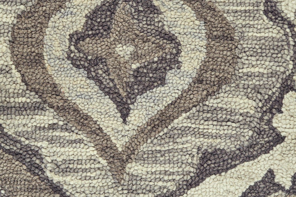 8' Gray Taupe And Ivory Round Wool Floral Tufted Handmade Stain Resistant Area Rug With Fringe