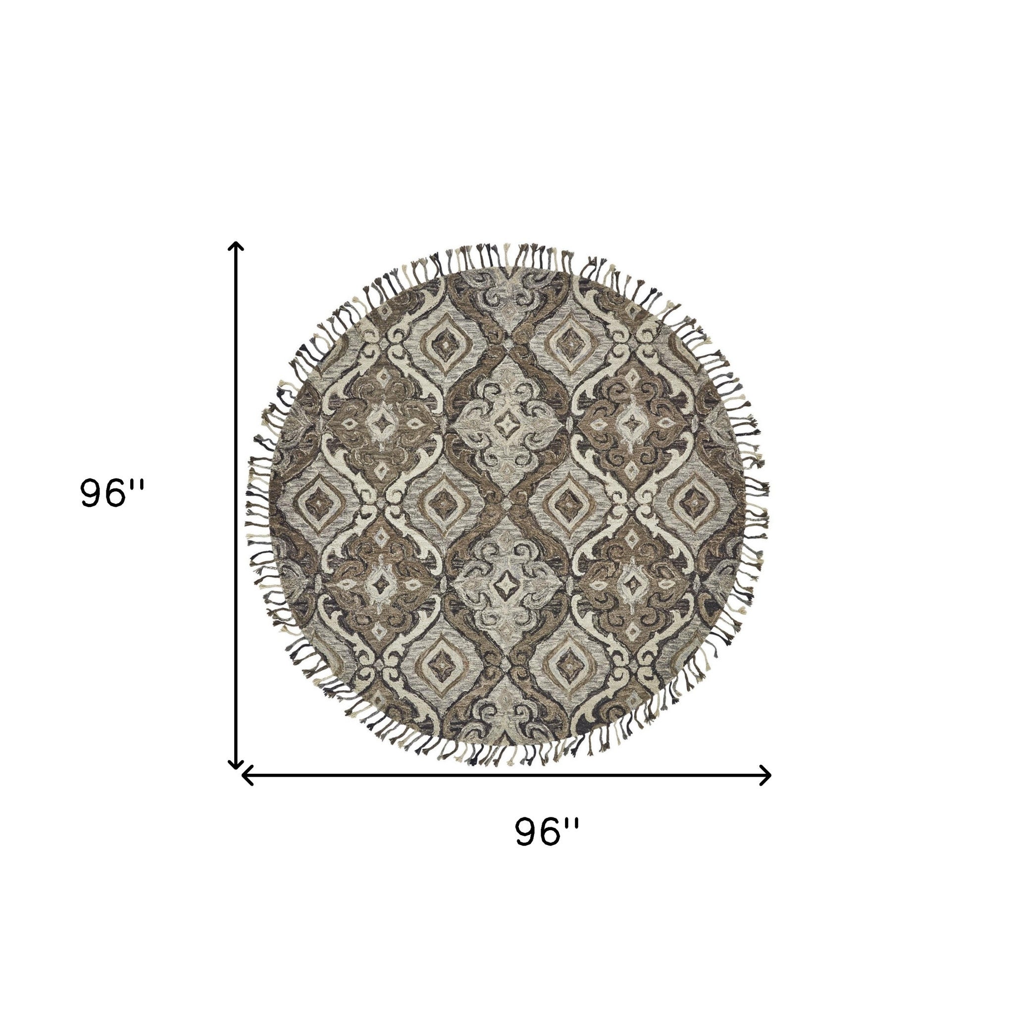 8' Gray Taupe And Ivory Round Wool Floral Tufted Handmade Stain Resistant Area Rug With Fringe