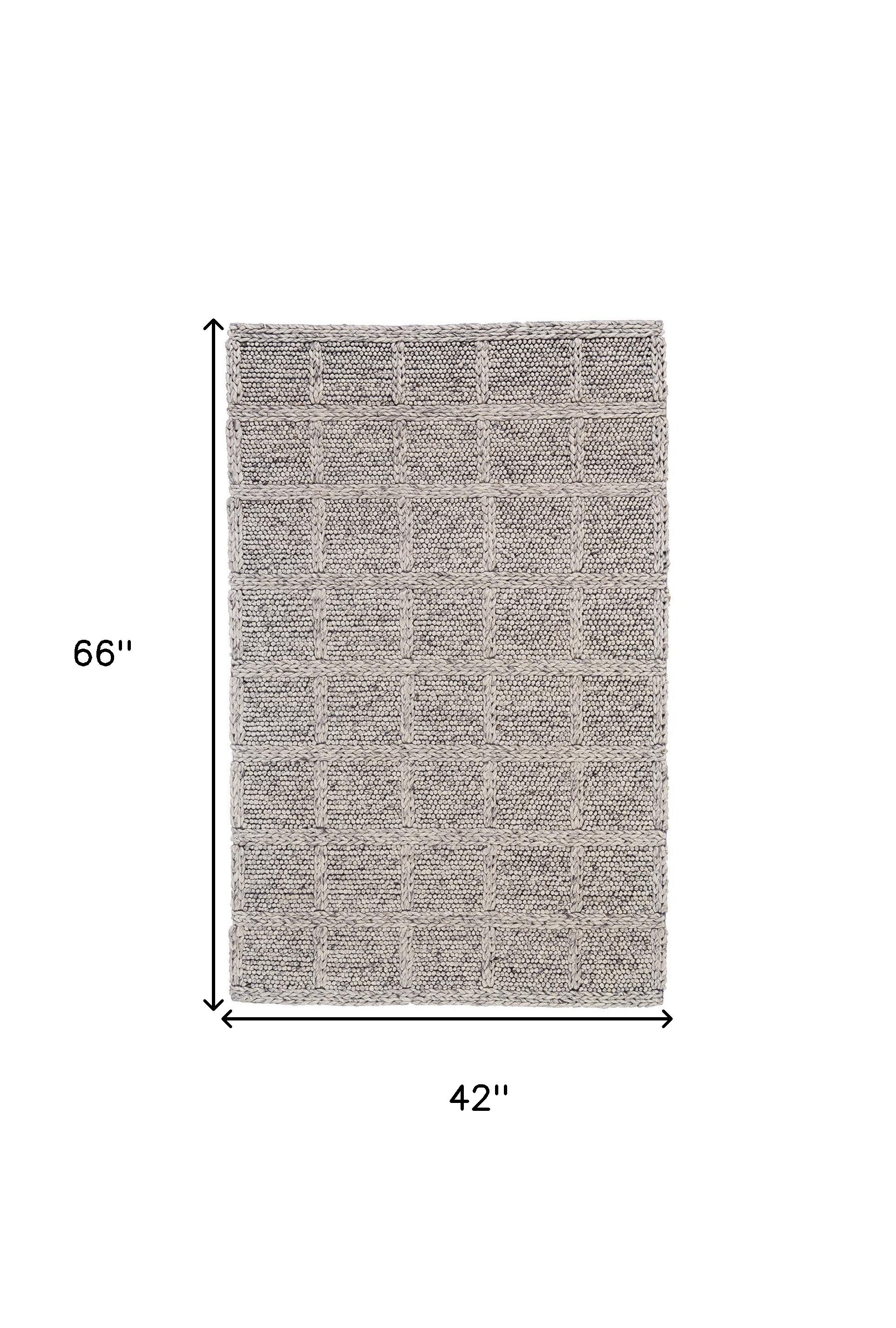 4' X 6' Ivory And Gray Wool Plaid Hand Woven Stain Resistant Area Rug