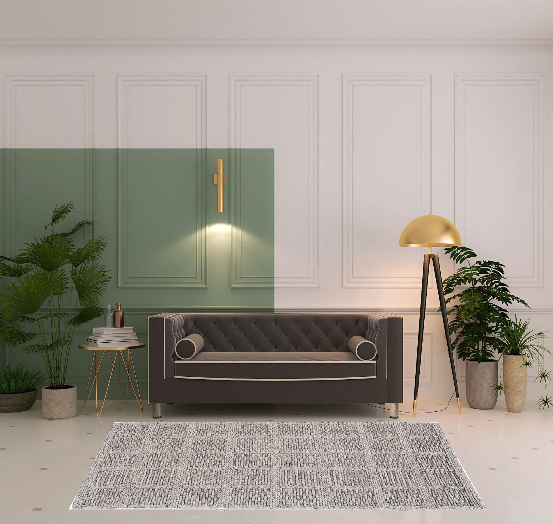 4' X 6' Ivory And Gray Wool Plaid Hand Woven Stain Resistant Area Rug