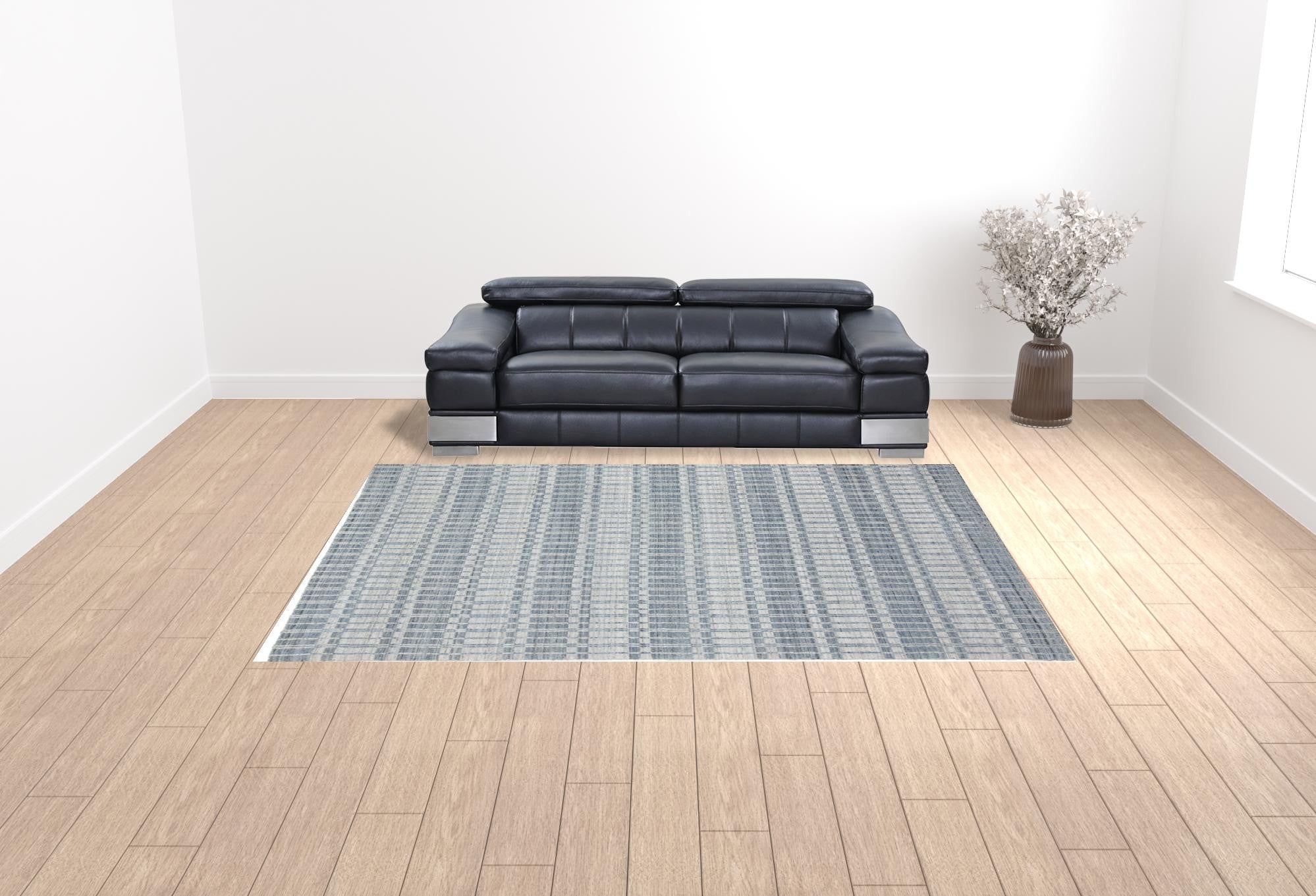 4' X 6' Blue Gray And Ivory Striped Hand Woven Area Rug