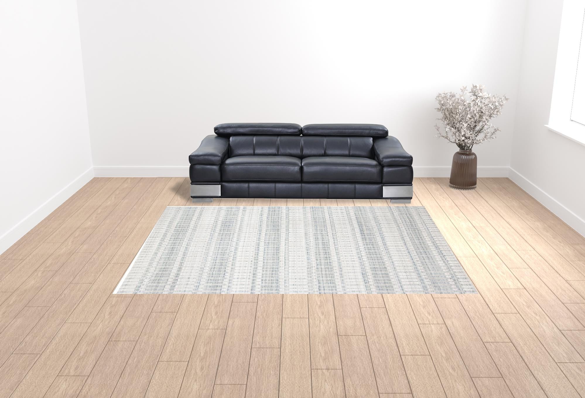 4' X 6' Blue Gray And Ivory Striped Hand Woven Area Rug