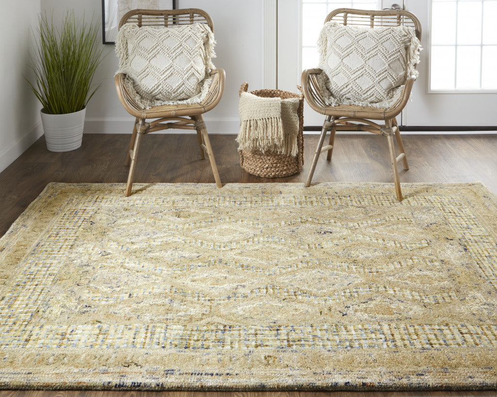 4' X 6' Tan Blue And Gray Wool Floral Tufted Handmade Stain Resistant Area Rug