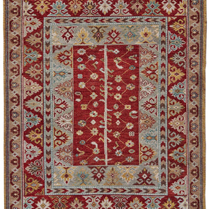 5' X 8' Red Blue And Brown Wool Floral Hand Knotted Distressed Stain Resistant Area Rug With Fringe