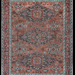 9' X 12' Red Orange And Blue Wool Floral Hand Knotted Distressed Stain Resistant Area Rug With Fringe