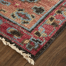 9' X 12' Red Orange And Blue Wool Floral Hand Knotted Distressed Stain Resistant Area Rug With Fringe