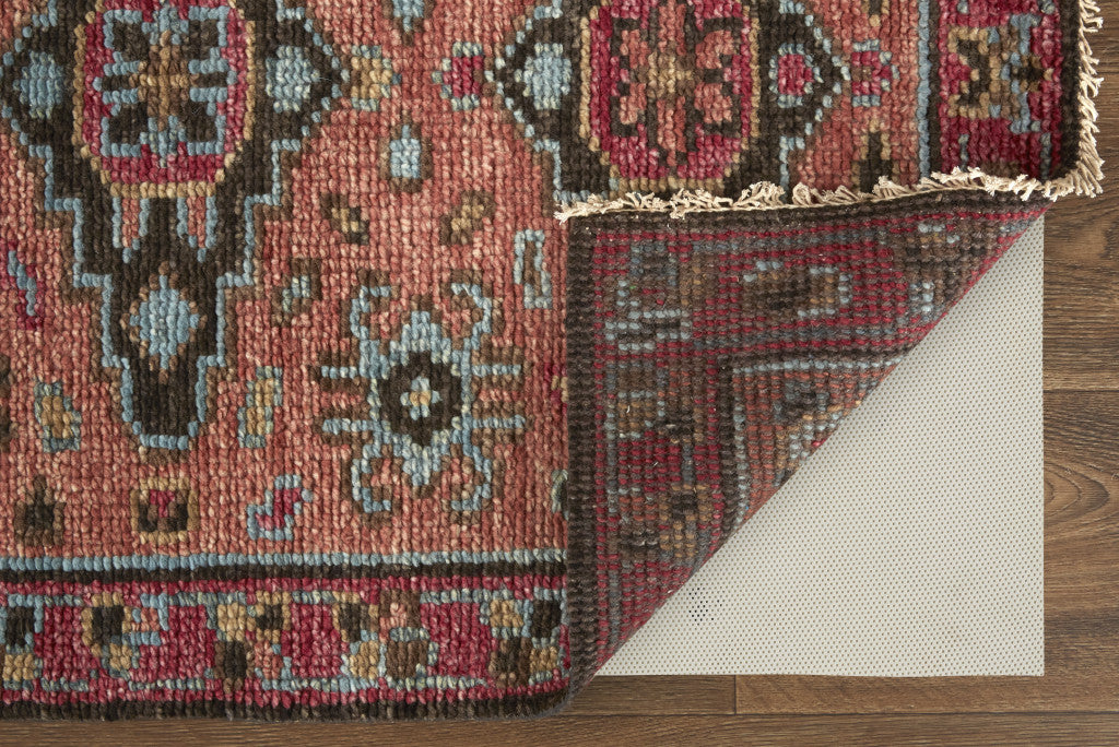 9' X 12' Red Orange And Blue Wool Floral Hand Knotted Distressed Stain Resistant Area Rug With Fringe