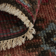 9' X 12' Red Orange And Blue Wool Floral Hand Knotted Distressed Stain Resistant Area Rug With Fringe