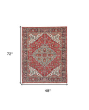 4' X 6' Red Gray And Ivory Wool Floral Hand Knotted Distressed Stain Resistant Area Rug With Fringe