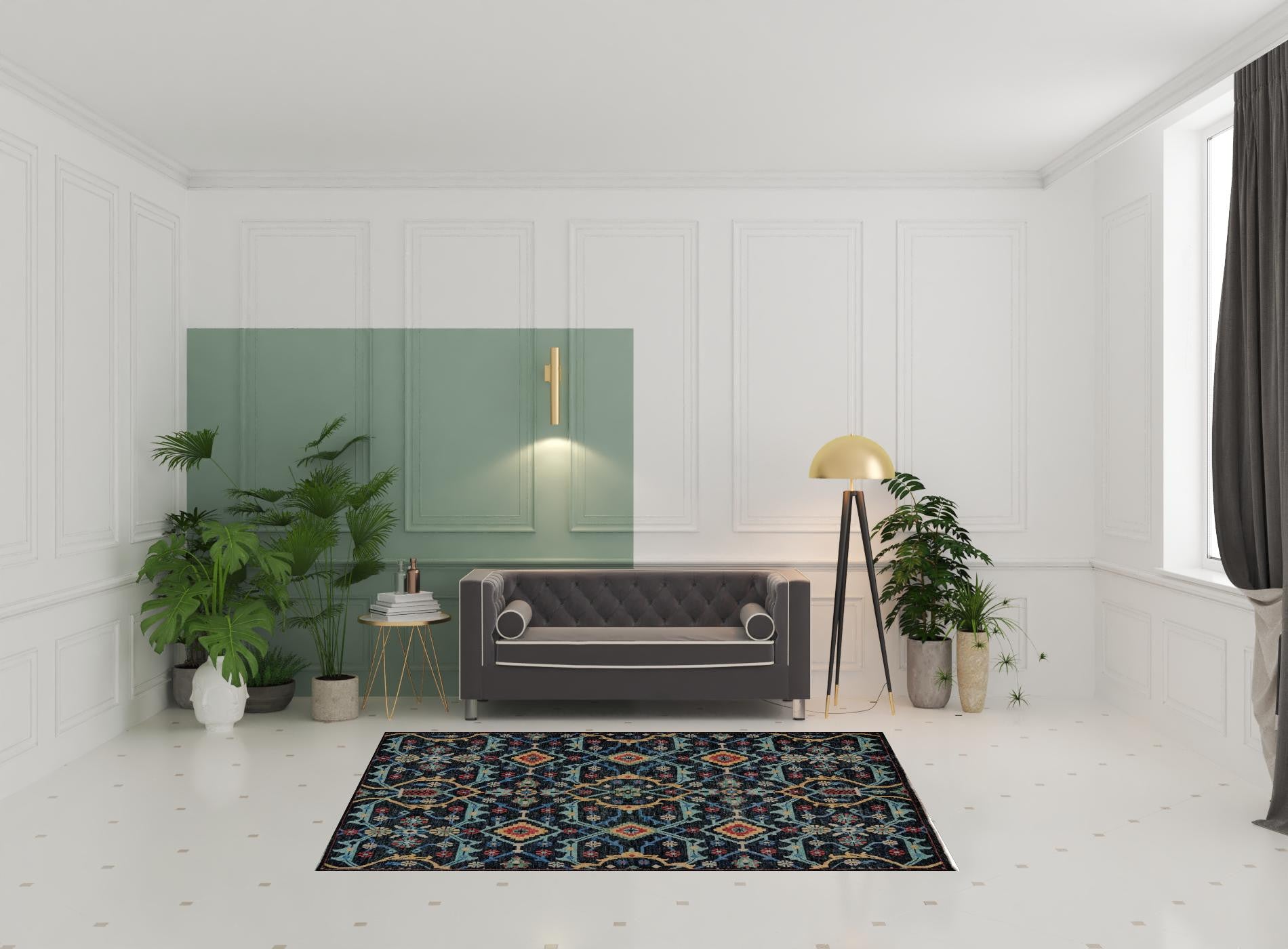 5' X 8' Blue Yellow And Red Wool Floral Hand Knotted Distressed Stain Resistant Area Rug With Fringe