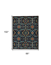 5' X 8' Blue Yellow And Red Wool Floral Hand Knotted Distressed Stain Resistant Area Rug With Fringe