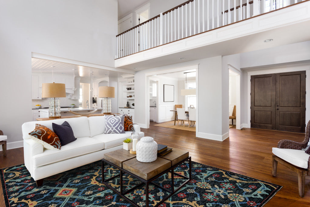 5' X 8' Blue Yellow And Red Wool Floral Hand Knotted Distressed Stain Resistant Area Rug With Fringe