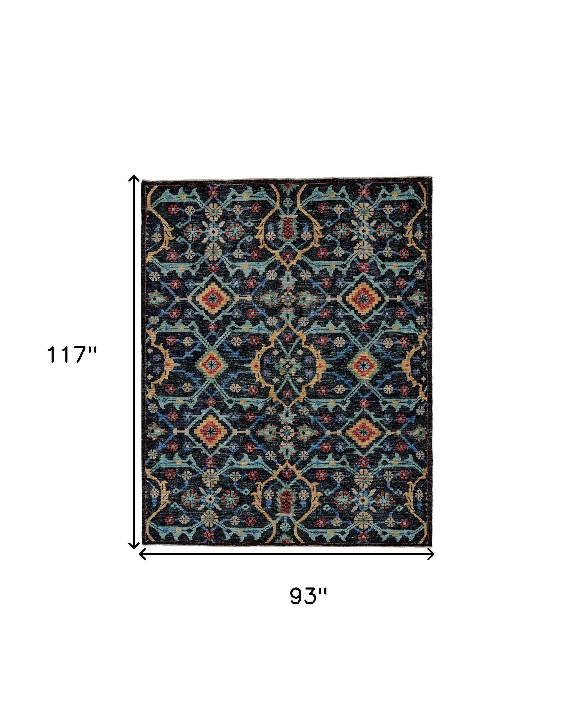 5' X 8' Blue Yellow And Red Wool Floral Hand Knotted Distressed Stain Resistant Area Rug With Fringe