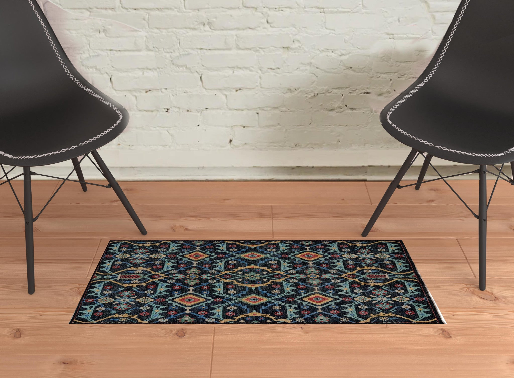 5' X 8' Blue Yellow And Red Wool Floral Hand Knotted Distressed Stain Resistant Area Rug With Fringe
