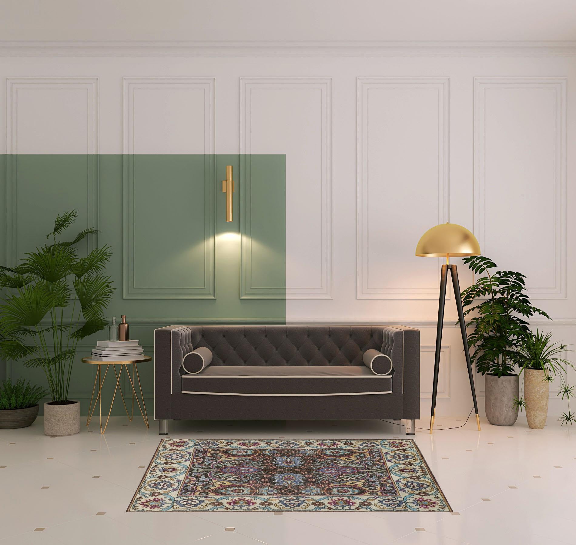 4' X 6' Ivory Brown And Blue Wool Floral Hand Knotted Distressed Stain Resistant Area Rug With Fringe