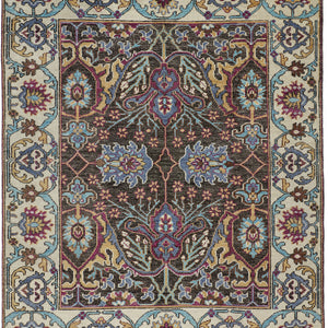 4' X 6' Ivory Brown And Blue Wool Floral Hand Knotted Distressed Stain Resistant Area Rug With Fringe